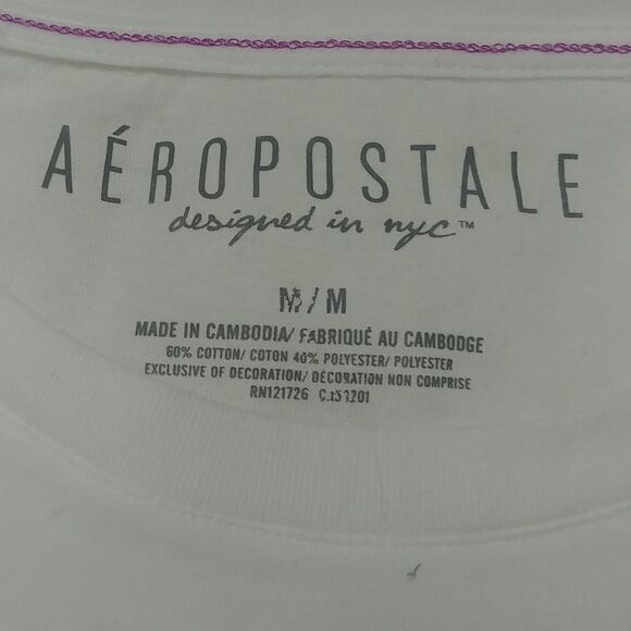 Aeropostale White Crew Neck Cap Sleeve Top with Purple/Silver lettering M - Picture 8 of 9